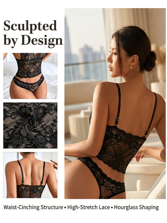 Women's Sexy Transparent Lace Lingerie Set with Push-Up Bra - ayq