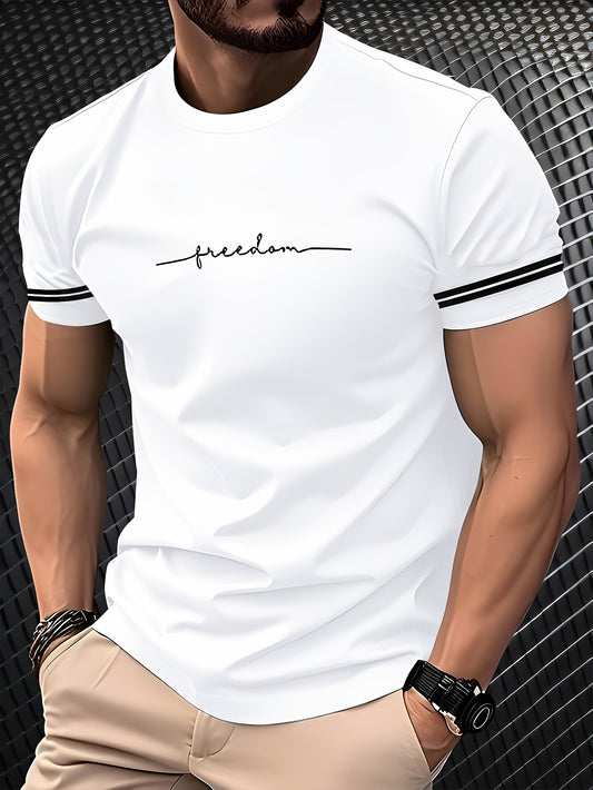 Men'S "Freedom" Graphic T-Shirt - Black Casual Crew Neck Tee with White Stripes, Breathable Polyester Blend, Regular Fit for Casual Attire, Everyday Tshirt   Bold Print Tee   Comfortable Fit, Knit