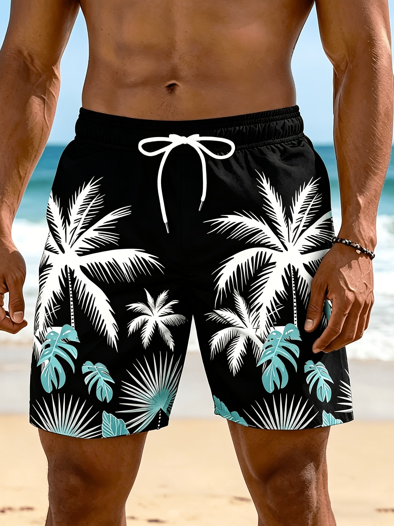 Plus Size Men's Palm Tree Print Beach Shorts, Breathable Polyester