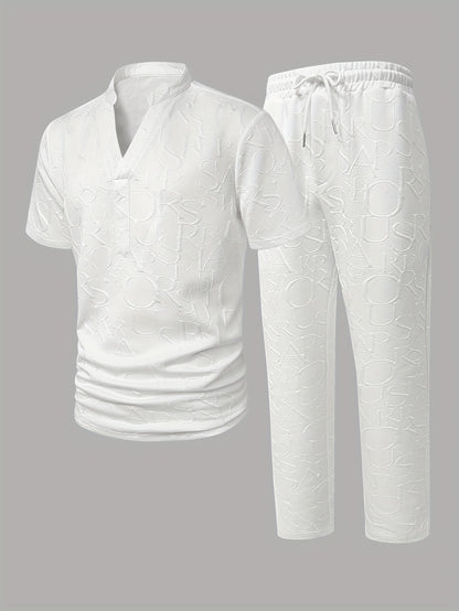 Men'S Stand Collar Loose V-Neck and Drawstring Waist Pants Henley Shirt Set