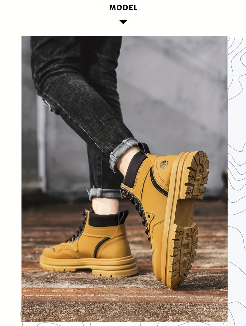 Men's Trendy Solid Ankle Boots, Comfy Non Slip Lace Up Durable Shoes for Men's Outdoor Activities