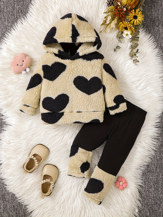 1- Girls' Fashion Casual Heart Print Plush Hoodie and Patchwork Knit Pants Set, Suitable for Autumn and Winter, School, Leisure, Outdoor Sports, Perfect for Outdoor