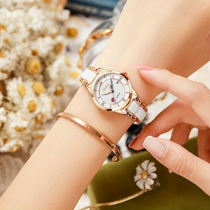 Elegant Women's Quartz Watch with Cupid Arrow & Ceramic Strap