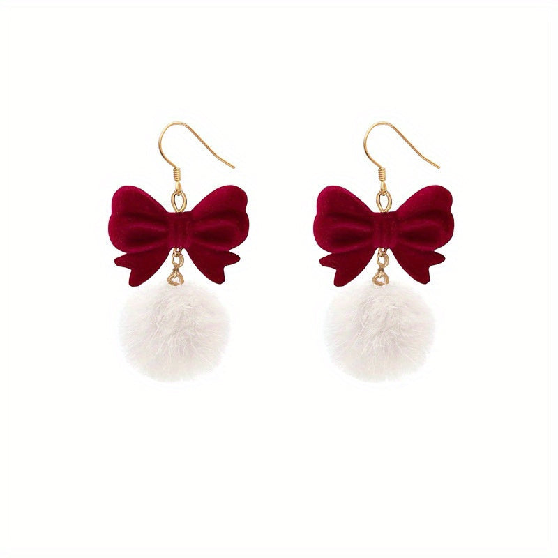 Copper Earrings Elegant Cute Red Flocking Bow White Furry Ball Design Dangle, for Winter, Christmas, Party, Gift-giving Occasion, Women