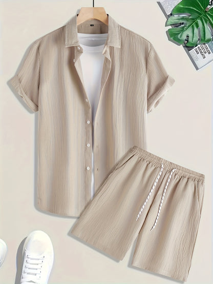 1085 Men's Solid Color Short Sleeve Button- Shirt and Shorts Casual Two-Piece Set