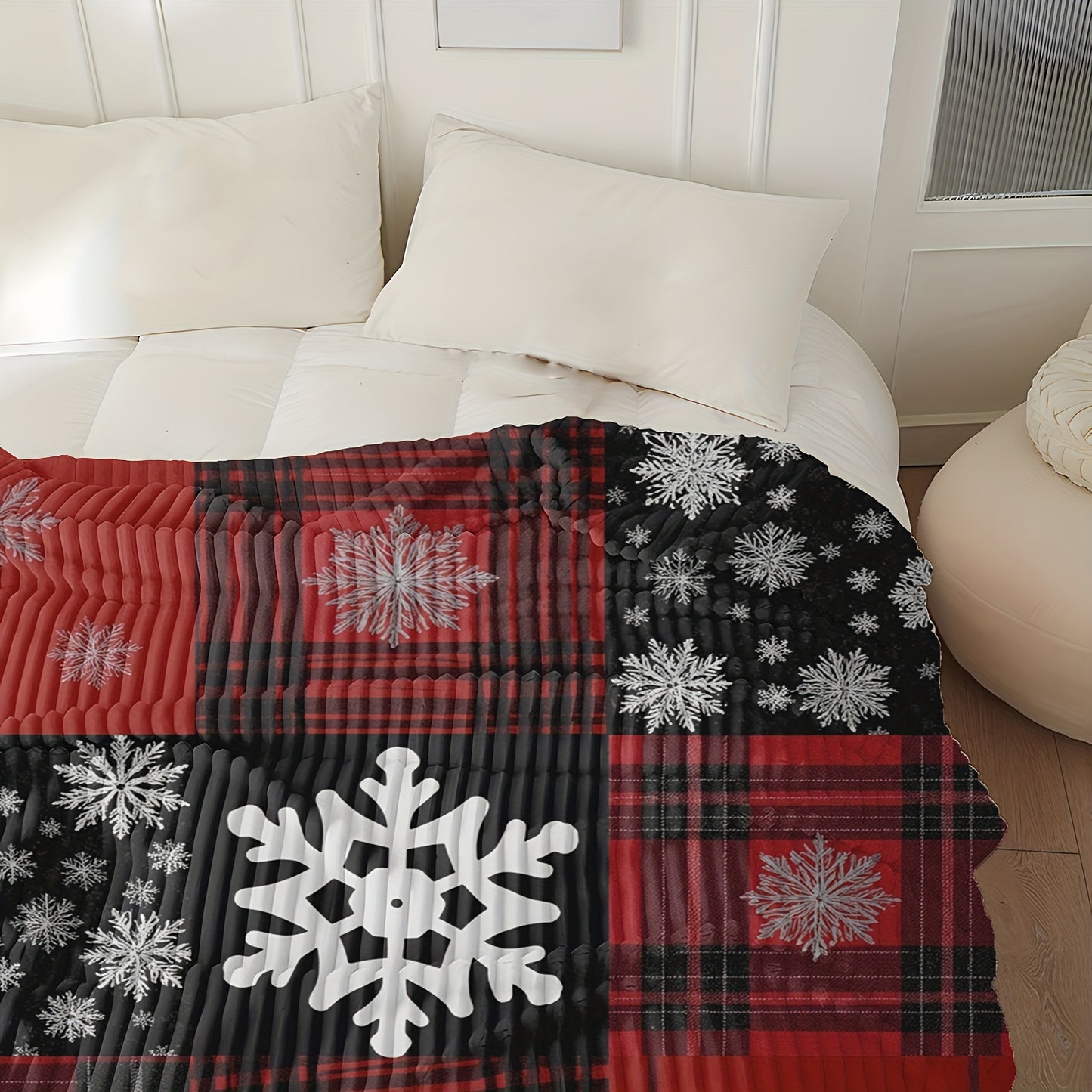 1pc Sdoo New Year Snowflake Red & Black Plaid 2D Printed Milk Fleece Blanket - Soft Warm All-Season Throw for Bed, Sofa, Office, Travel, Hiking, Fishing - Machine Washable, Versatile Gift for Home & Outdoor Use, Cozy Home Acc