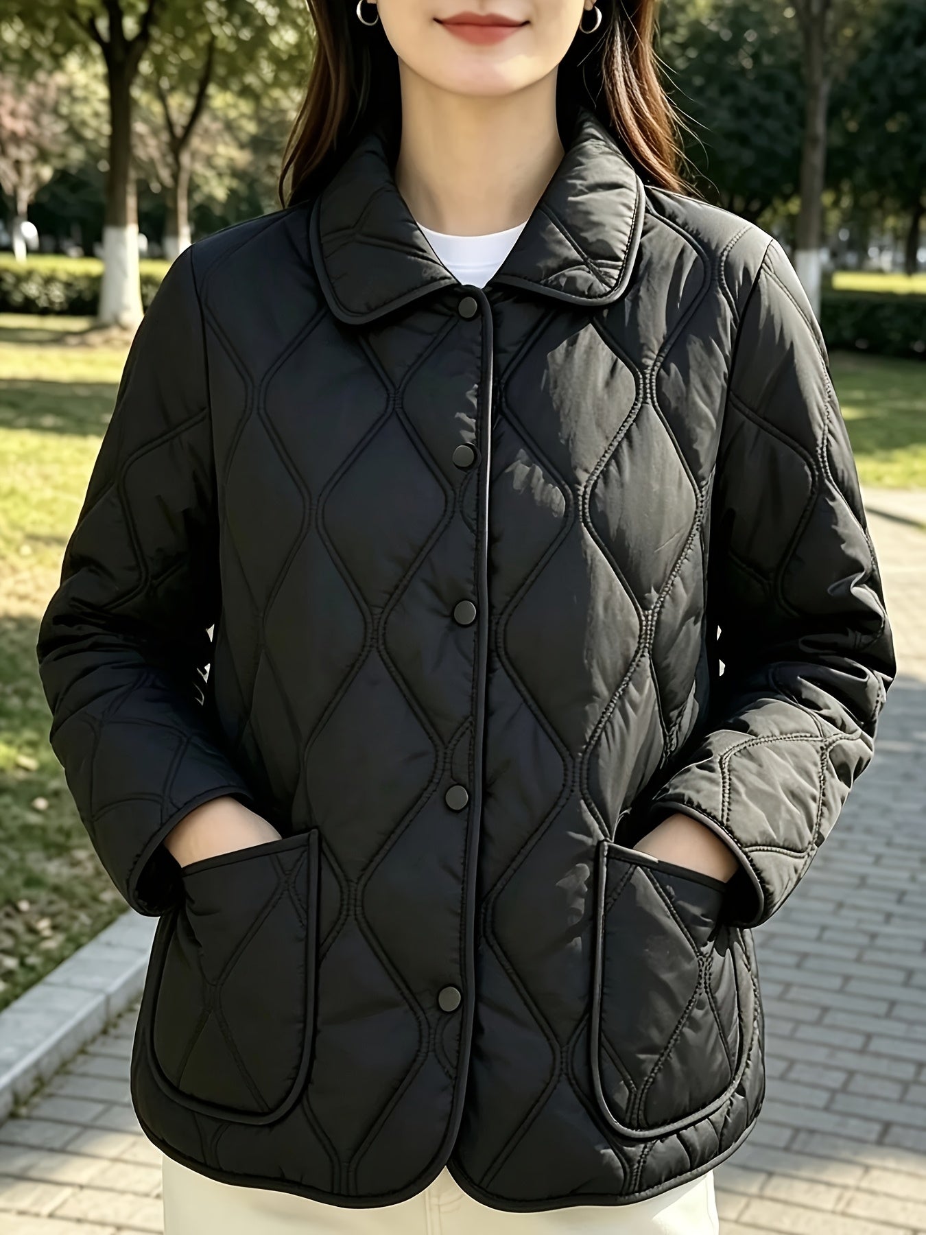 Women's Quilted Doll Collar Coat - Elegant Spring & Autumn Outerwear