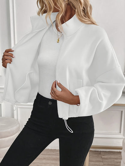 Women's Elegant Black Stand Collar Jacket with Full-Zip Closure - All-Season Casual to Semi-Formal Outerwear, Machine Washable Zippered Coat for Fall Winter Layering, Versatile Work to Semi-Formal Outfits