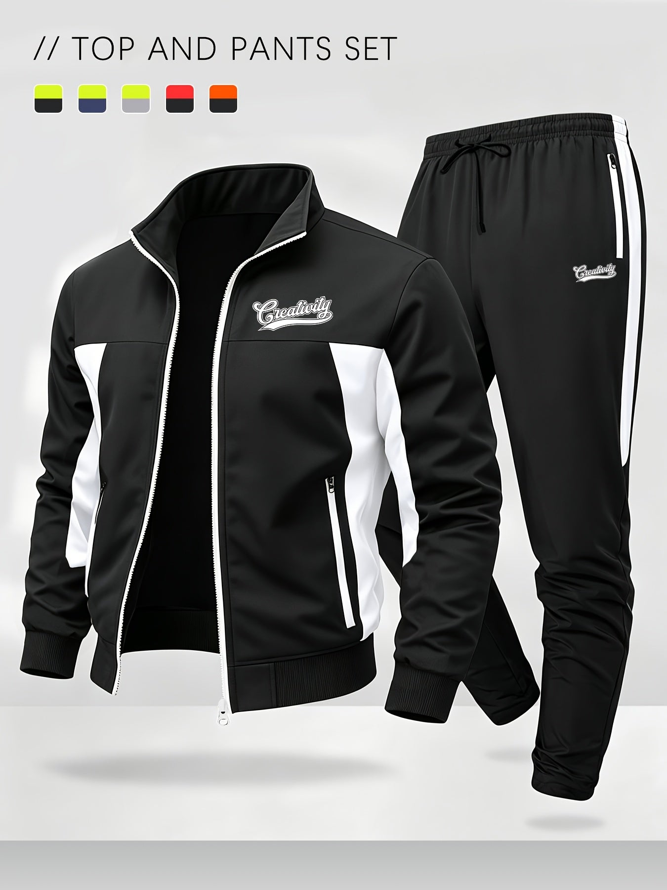 Men's Color Block Sportswear Set with Stand Collar Jacket & Pants