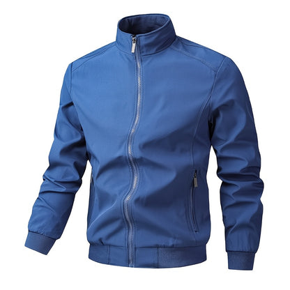 Men's Casual Royal Blue Bomber Jacket - Full Zip, Loose Fit, Polyester, Stand Collar, Long Sleeve, Lightweight & Durable for Spring and Fall, Casual Outerwear | Ribbed Cuff Sleeves | Durable Outerwear