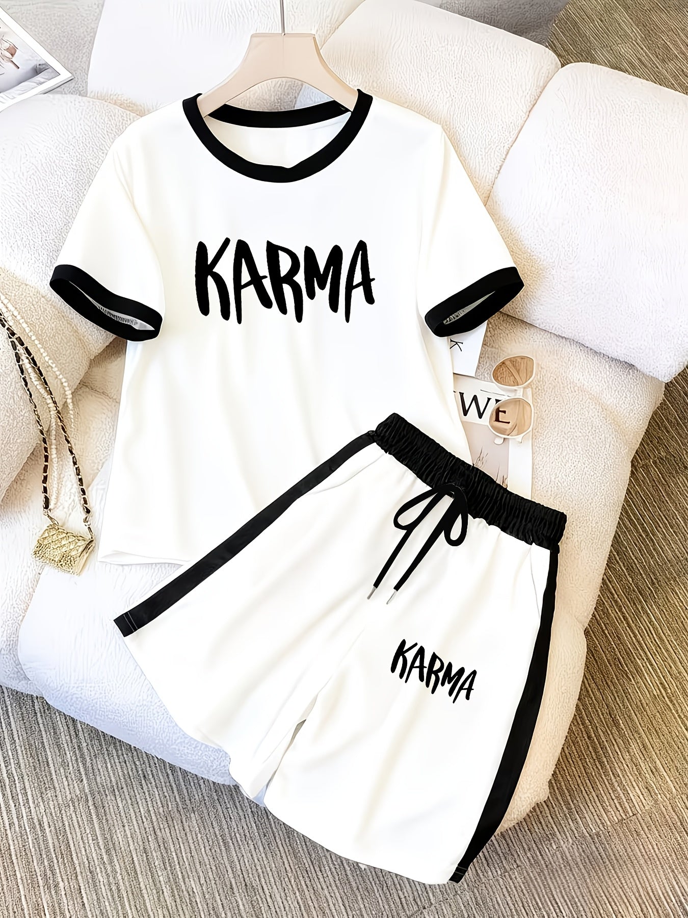 KARMA Summer Casual Set: Color-Block Top & Drawstring Shorts