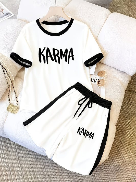 KARMA Summer Casual Set: Color-Block Top & Drawstring Shorts