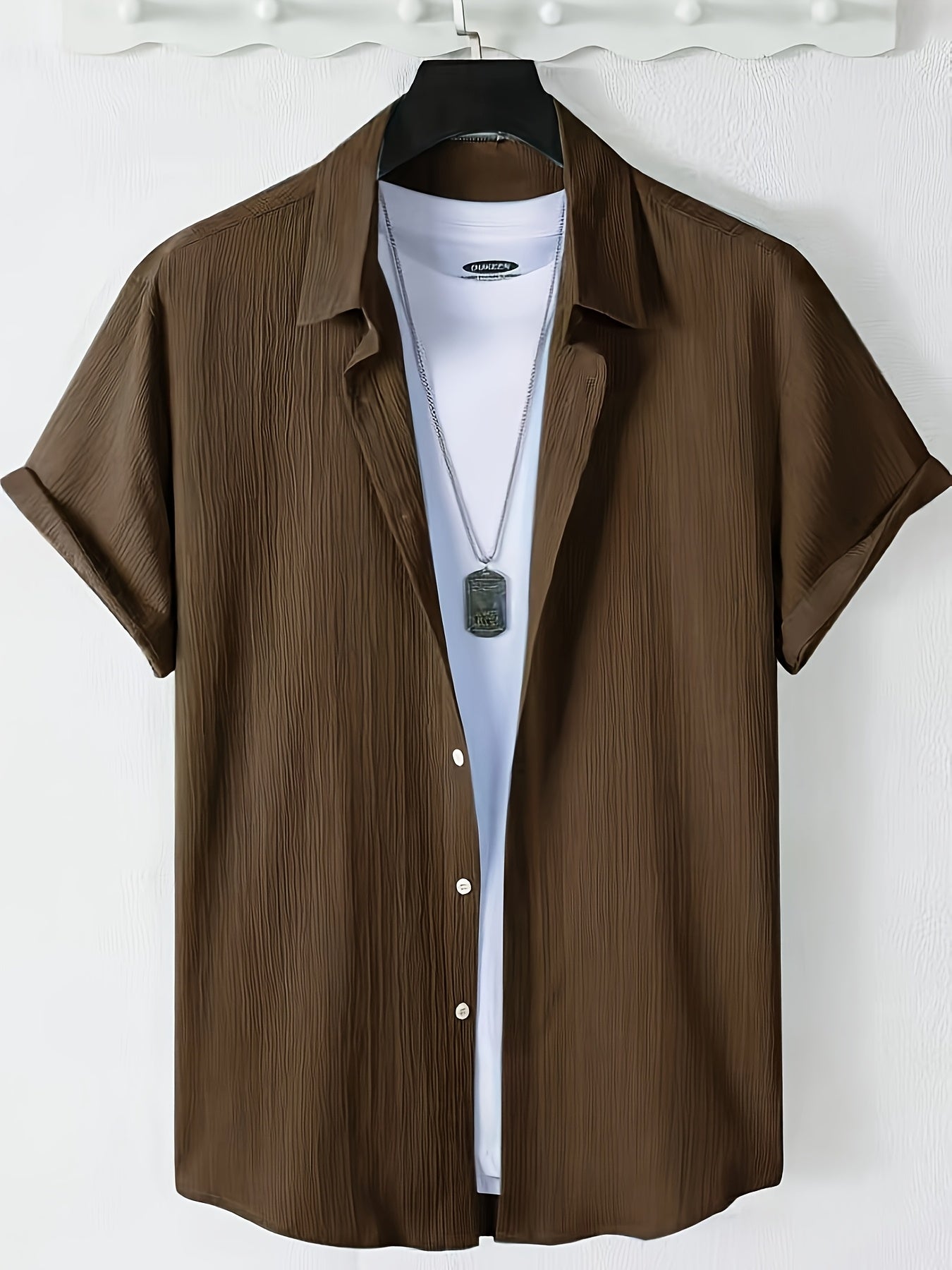 Men's Casual Button-Front Shirt with Lapel Collar, Lightweight Polyest