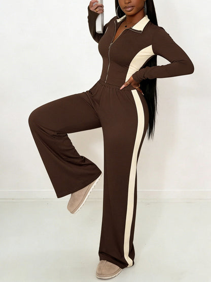 Women's Fashion Two-Piece Set, Stylish and Versatile Brown and White Contrast Color Slim-Fit Zip-Up Top + Side Stripe Pants Set