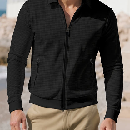 Men'S Lightweight Waffle-Knit Zip-Up Jacket - Casual Long Sleeve with Pockets, Loose Fit for Spring & Fall, Gray, Perfect for Outdoor Activities, Running, and Evening Outings, Spring Fall Clothing | Waffle Texture | Durable C
