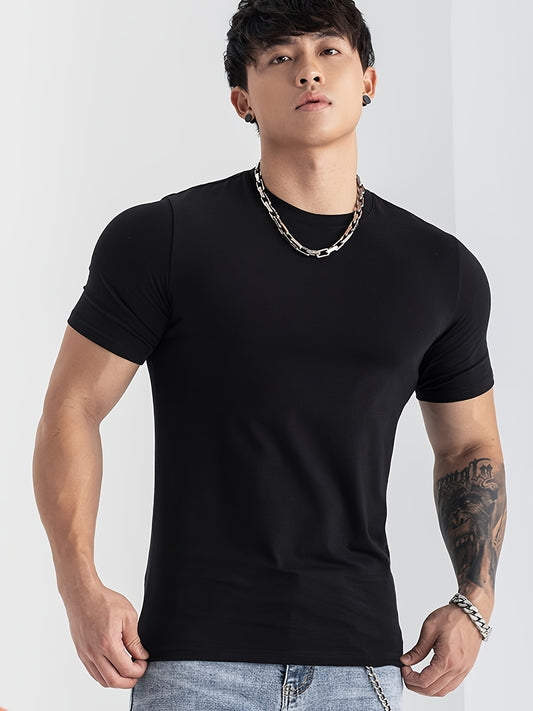 Men's Summer Athletic T-Shirt - Moisture-Wicking Stretch Fabric Slim Fit Round Neck Short Sleeve Tee for Gym, Running, Training - Solid Color Black, Gym Apparel   Machine Washable Top, Gym Shirts