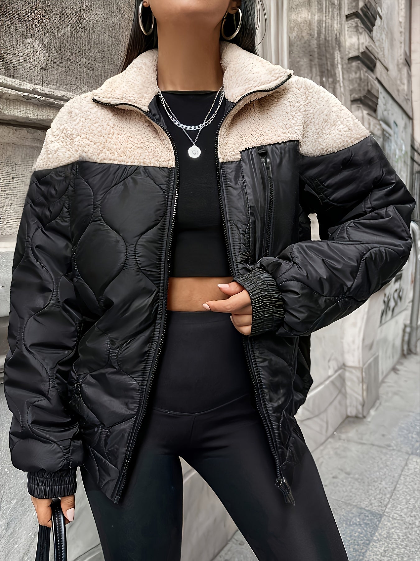 2025 Autumn And Winter Fashion New Street Casual Trend Quilted Spliced Lamb Long Sleeve Warm Jacket for Women