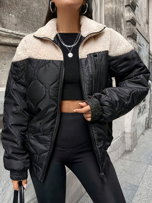 2025 Autumn And Winter Fashion New Street Casual Trend Quilted Spliced Lamb Long Sleeve Warm Jacket for Women