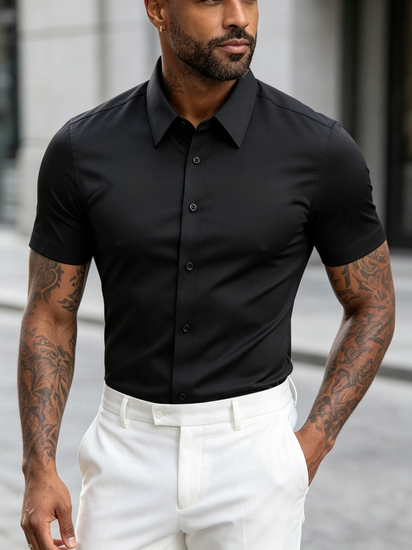 Men's Summer Slim Fit Short Sleeve Lapel Shirt Cotton Blend