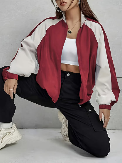 Women's Elegant Mandarin Collar Jacket - Burgundy & Half-Zip Coat with White Piping, All-Season Structured Outerwear (Black /Notch), Machine Washable Casual to Formal Blazer for & Social Events, Jackets For Women, Jacket For