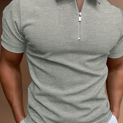 Men's Solid Short Sleeve Zipper Shirt, Casual Male Shirt For Summer Outdoor, Gift For Men - ayq