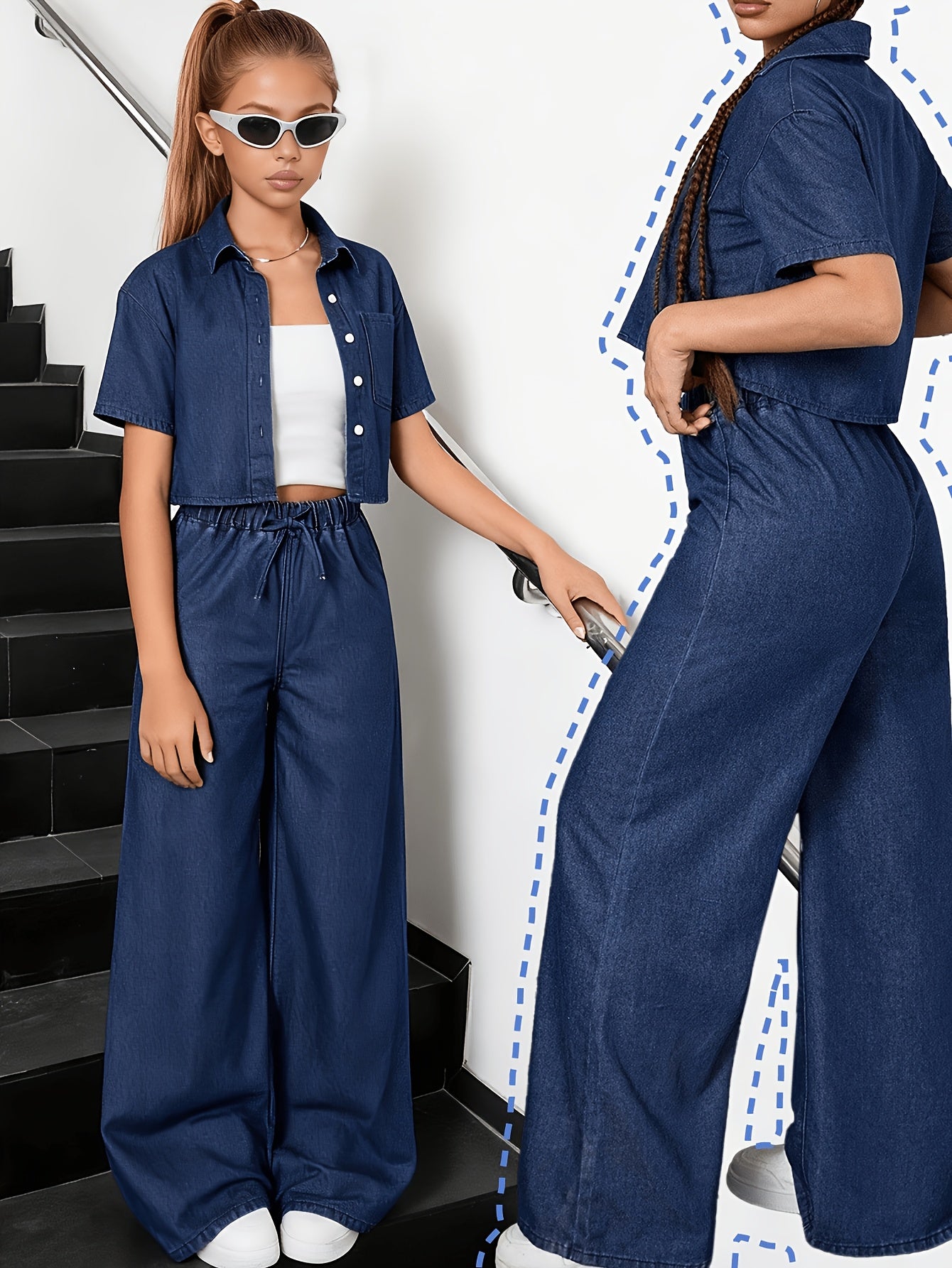 Girls' Casual 2-Piece Set: Short Sleeve Shirt & Wide-Leg Pants
