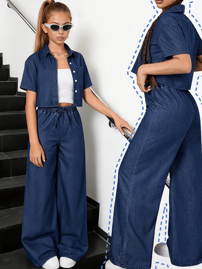 Girls' Casual 2-Piece Set: Short Sleeve Shirt & Wide-Leg Pants
