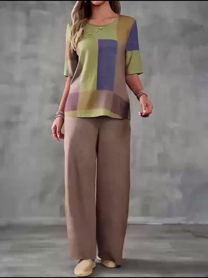 Elegant Patchwork Women'S Fashion Suit - Short Sleeve, Crew Neck, Polyester, Spring/Summer Collection, Casual Attire|Modern Casualwear|Polyester Fabric