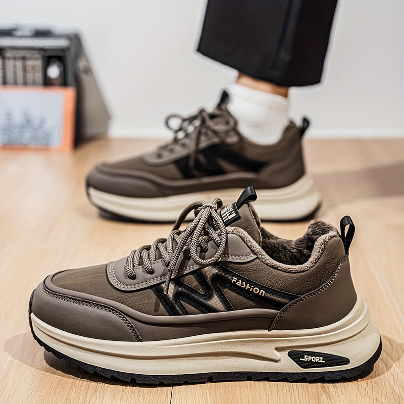 Men's Winter Thermal Low-Top Sneakers with Warm - All-Black Round Toe Lace-Up Shoes Suitable for, Outdoor, Daily Wear - Rubber Sole & Upper