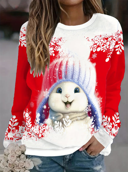 Women'S Red & Christmas Sweater - Long Sleeve Round Neck Winter Warmth with Snowman, Snowflakes & Poinsettia Print - All-Season Casual Pullover for Holiday