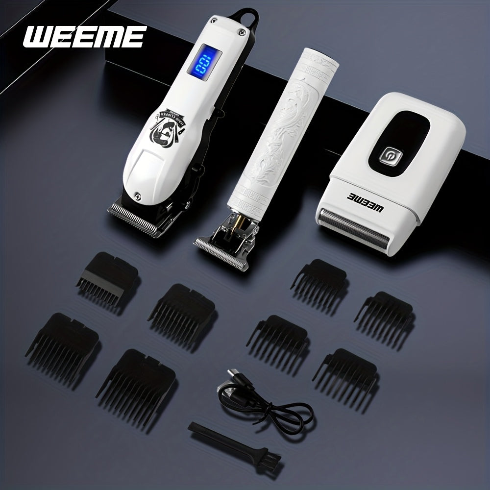 WEEME 3pcs/1Set Men'S Hair Clipper, USB Rechargeable Electric Hair Clipper & Shaver Set with Digital Display, Cordless Hair Trimmer for Home & Salon Use, Perfect Grooming Gift for Men with Smooth Blade, USB Charging, Lithium - ayq