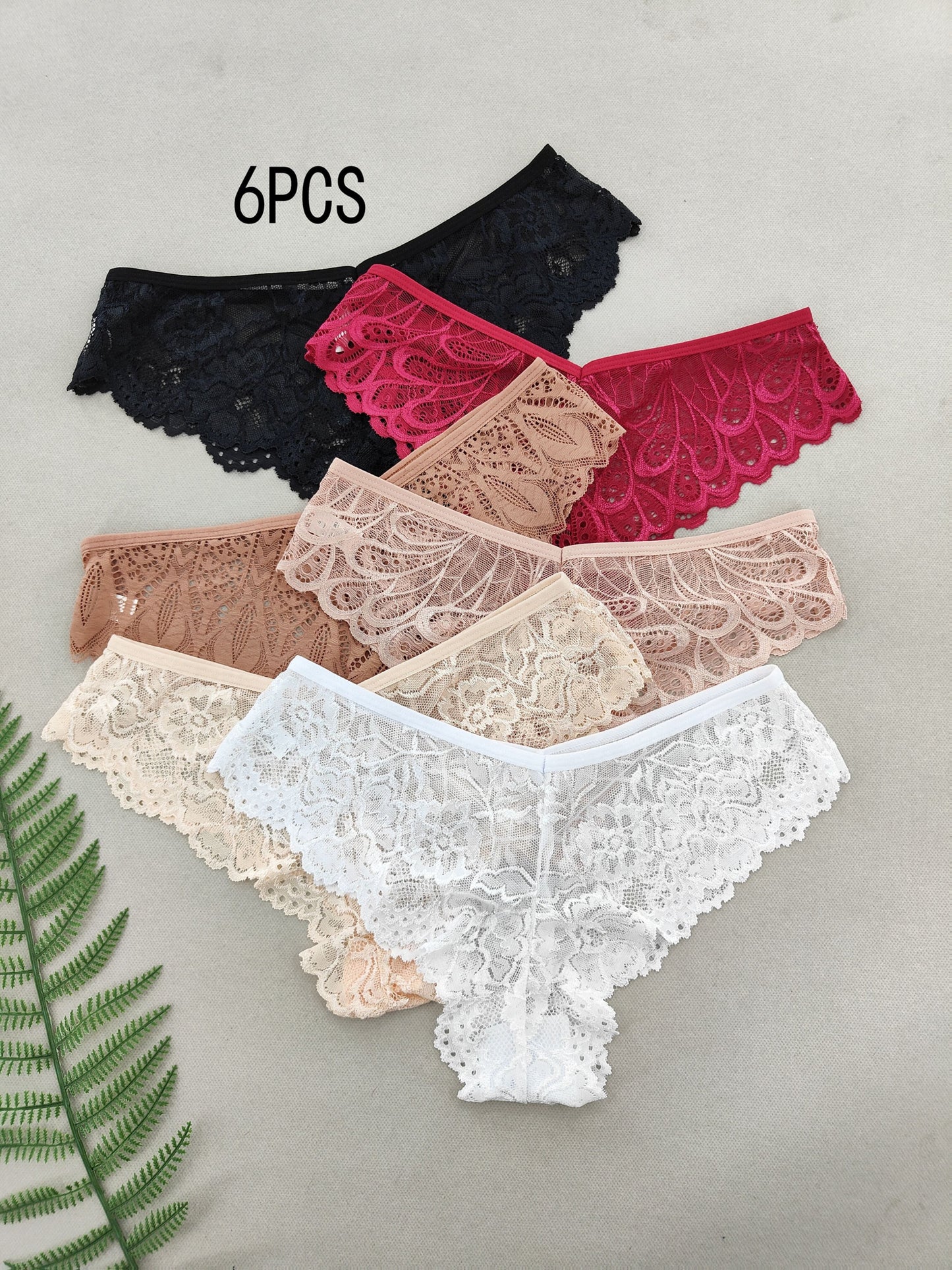 Set of 6 Women's Floral Lace Low-Rise Panties with Contrast Trim