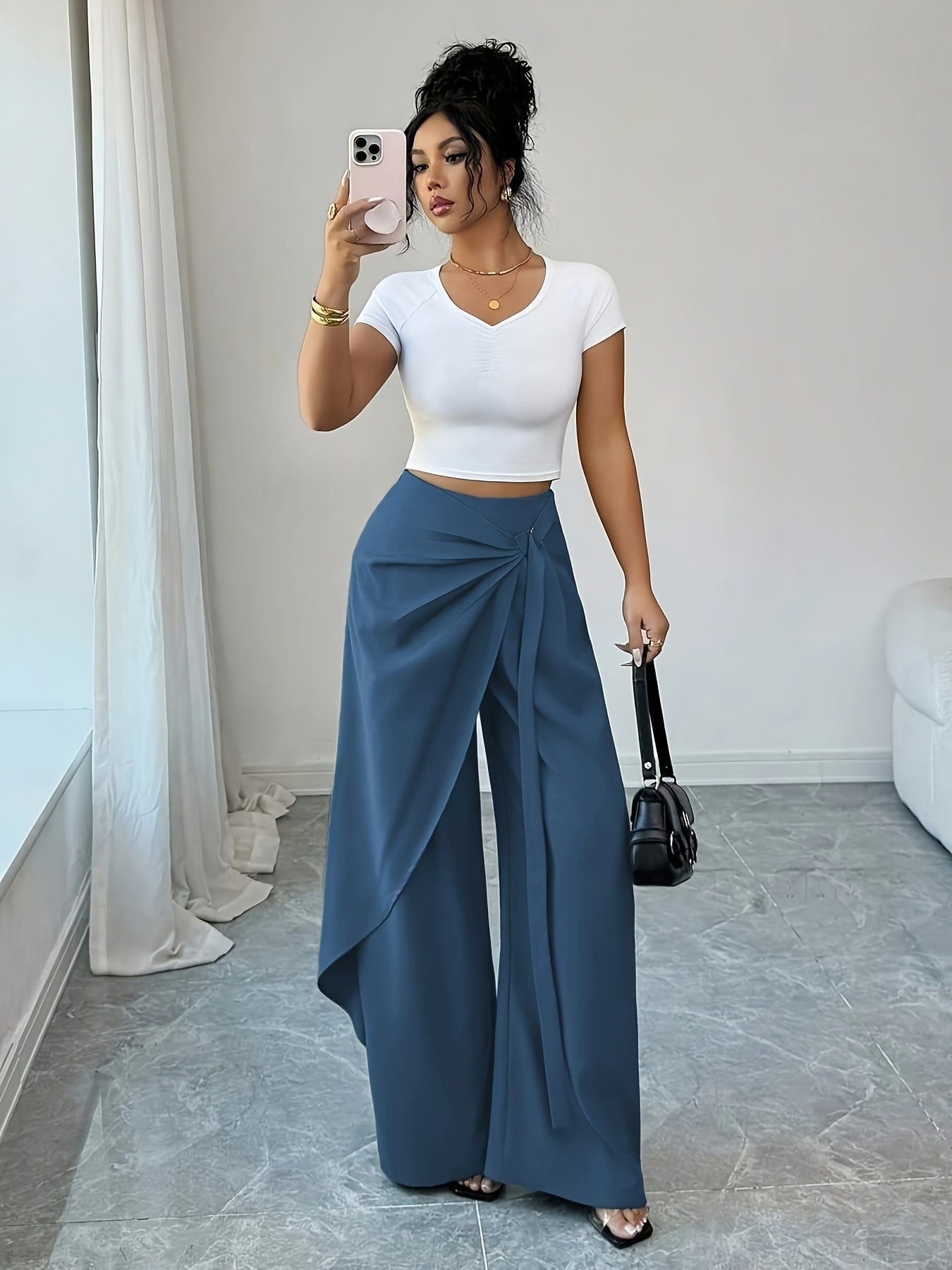Women's Elegant Wide-Leg Summer Trousers in Solid Color