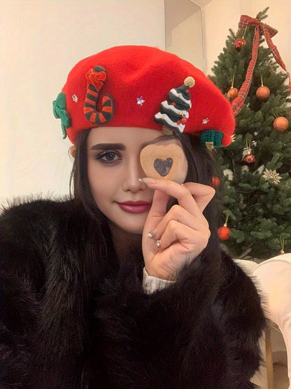 Women's Red Christmas Beret Hat with 3D Christmas Tree Decorations - Elastic Drawstring Closure, Lightweight Warm Winter Hat for Holiday Parties, Photo Shoots, Valentine's & New Year's Eve - Festive Movie-Inspired Fashion Acc