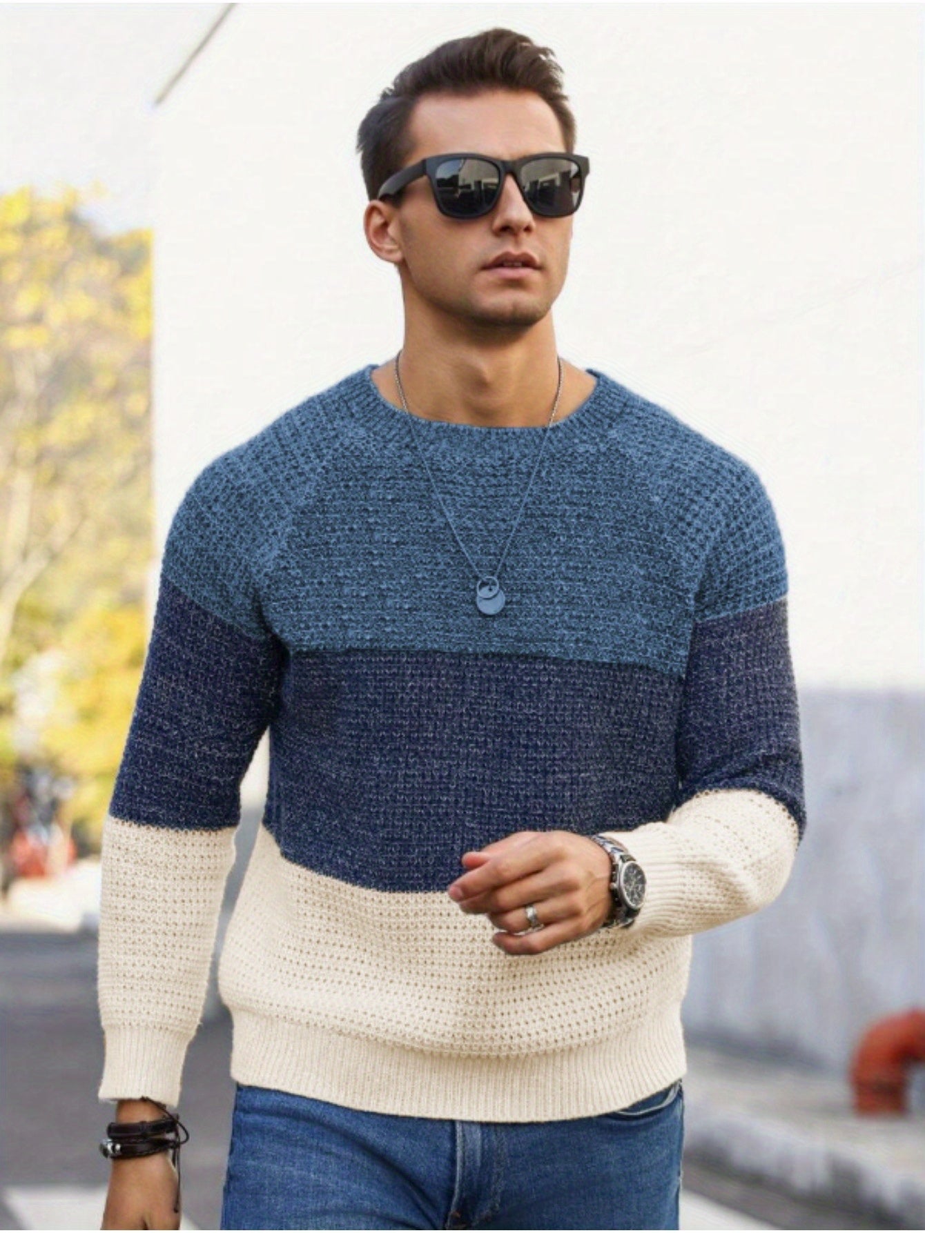 Men's Autumn and Winter Color Block Knit Sweater, Crew Neck Pullover