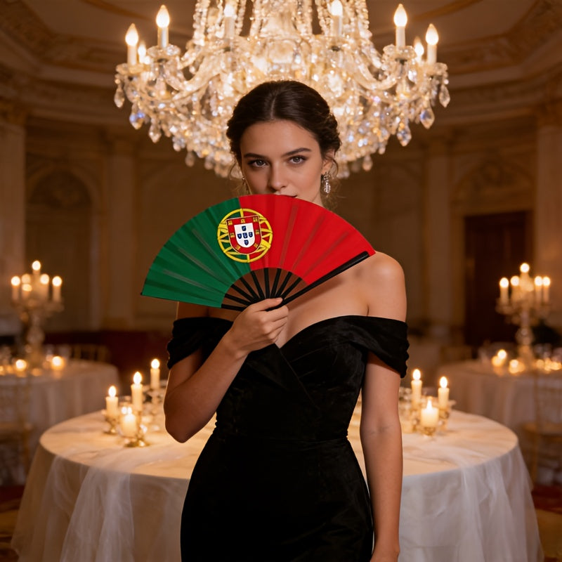 Portuguese Flag Plastic Cloth Fan with Black Handle, 22.5cm