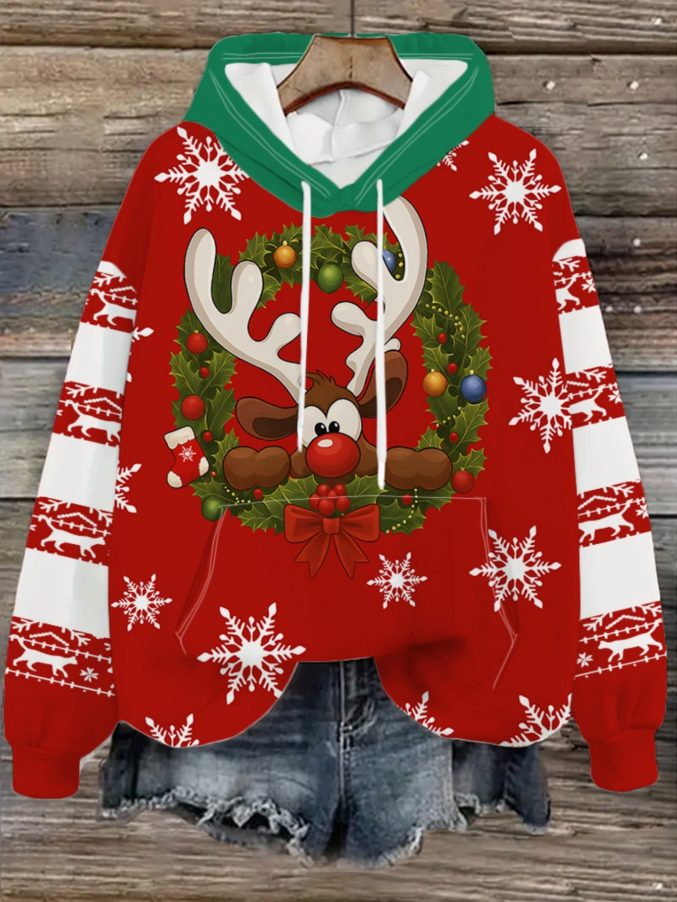 Women'S Christmas Hoodie - Red & White Holiday Sweater with Reindeer, Snowflakes - Cozy Winter Pullover for Christmas Party Outfit, Casual Casual Attire - Non-See-Through Fabric - Easy Care Hooded Sweater, Christmas Hoodie, F