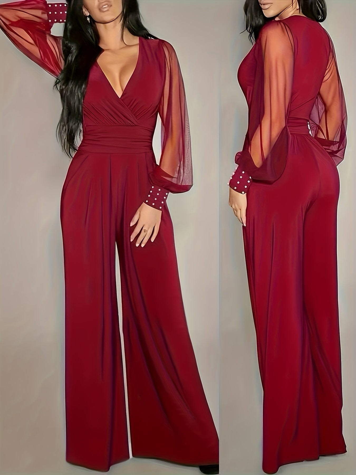 Women'S Elegant V-Neck Long Sleeve Jumpsuit - Solid Color, Stretchy Comfortable Fabric, Waist-Cinching Design, All-Season Versatile Outfit, Perfect for Daily Wear, Commuting, Parties, and Formal Events, Party Attire | Vneck J