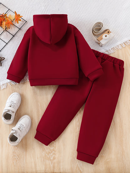 2pcs Girls' Fleece Hooded Sweatsuit Set - Oversized Hoodie & Jogger Pants with Elastic Waist, Thick Warm Winter Outfit, Machine Washable Red Sweatsuit for Casual Casual Attire & Clothing (Matching Outfit) - Cozy Fleece Fabric
