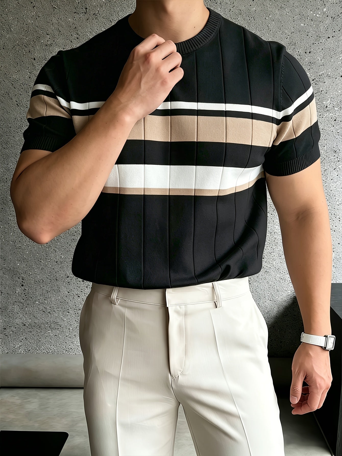 Men's Color Block Knit Pullover Short Sleeve Crew Neck