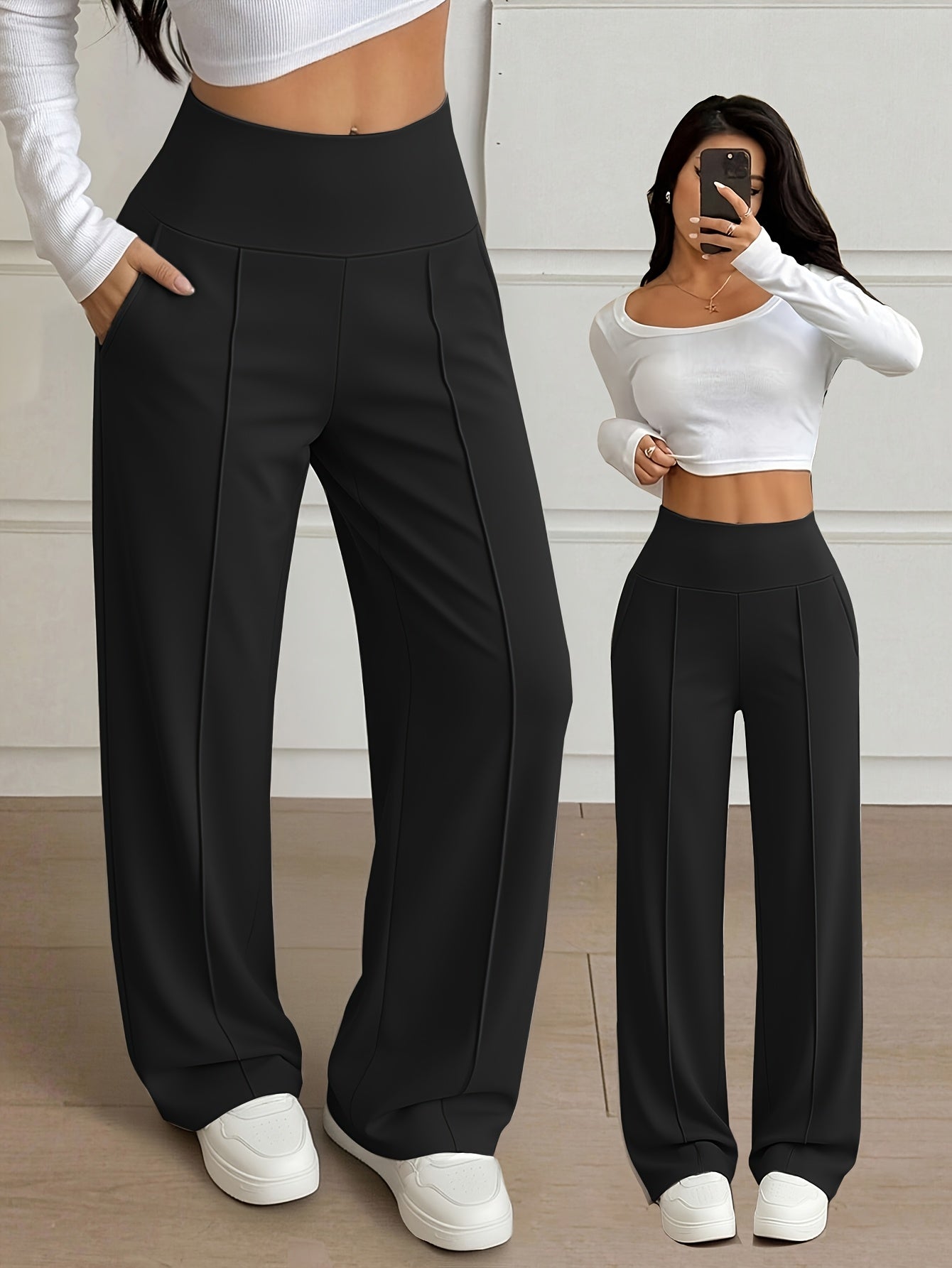 Women’s High-Waist Wide-Leg Stretch Trousers for Spring/Fall