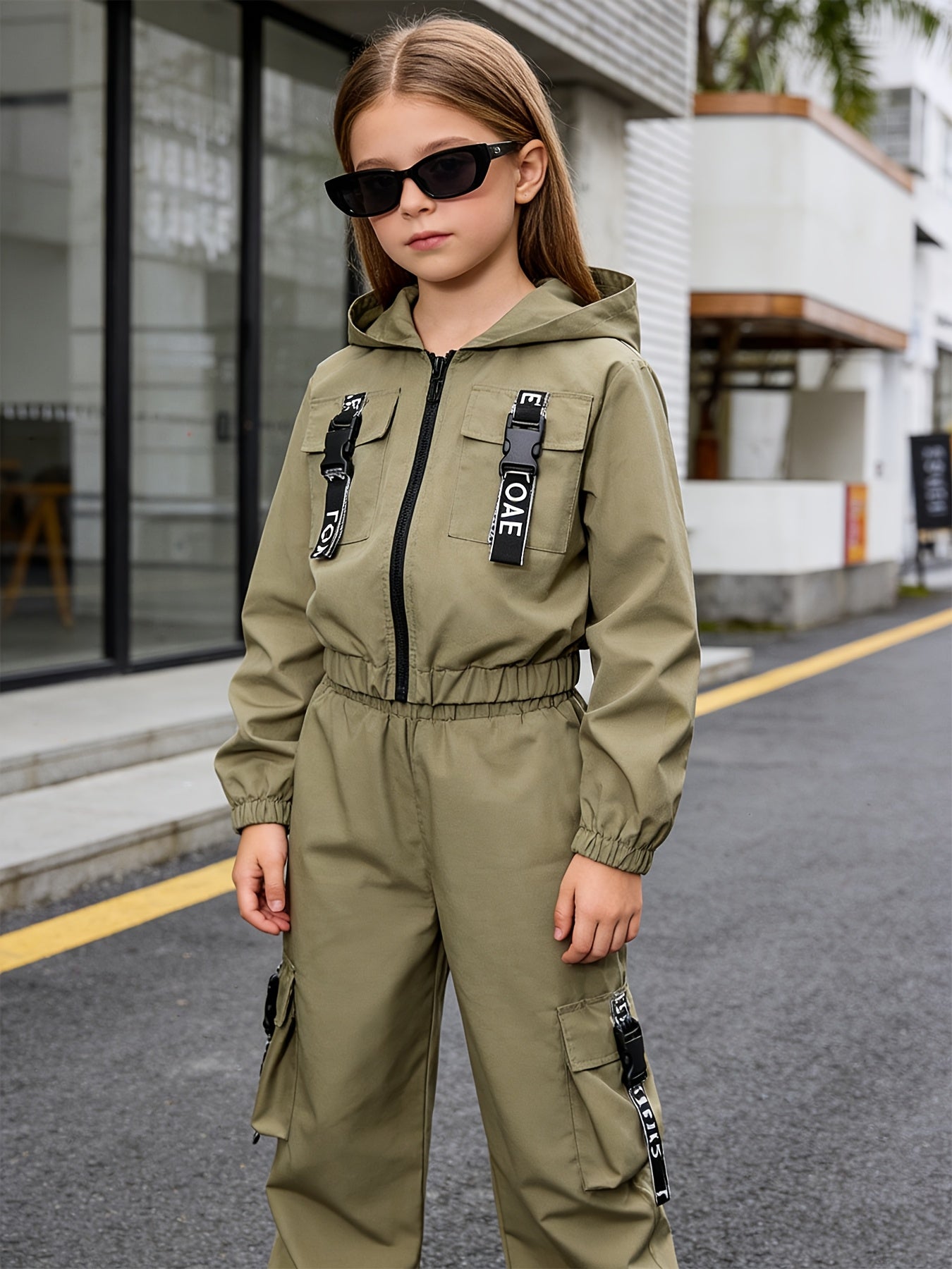 Girls' 2-Piece Streetwear Set with Hooded Jacket & Cargo Pants