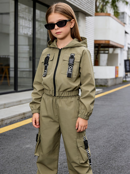 Girls' 2-Piece Streetwear Set with Hooded Jacket & Cargo Pants