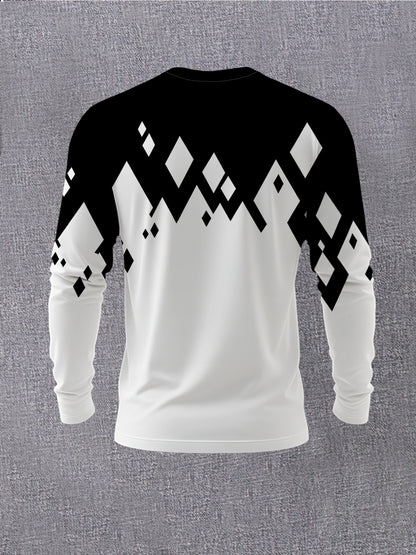 Men's Black & White Contrast Round Neck Long Sleeve T-Shirt - Casual Versatile Base Layer Top with Subtle Crossover Print, Machine Washable, Regular Fit for -Casual & Semi-Formal Wear