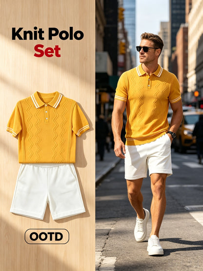 Men's Vintage Knit Polo & Shorts Set with Contrast Trim