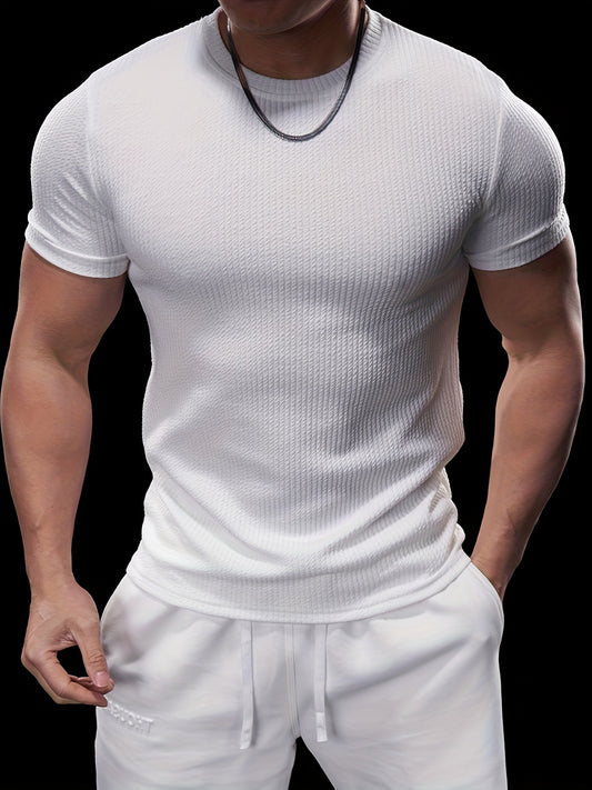 Men's Slim Fit Stretch Crew Neck Short Sleeve T-Shirt - Solid Color Black, Summer Casual  Sporty Tee for Casual Attire