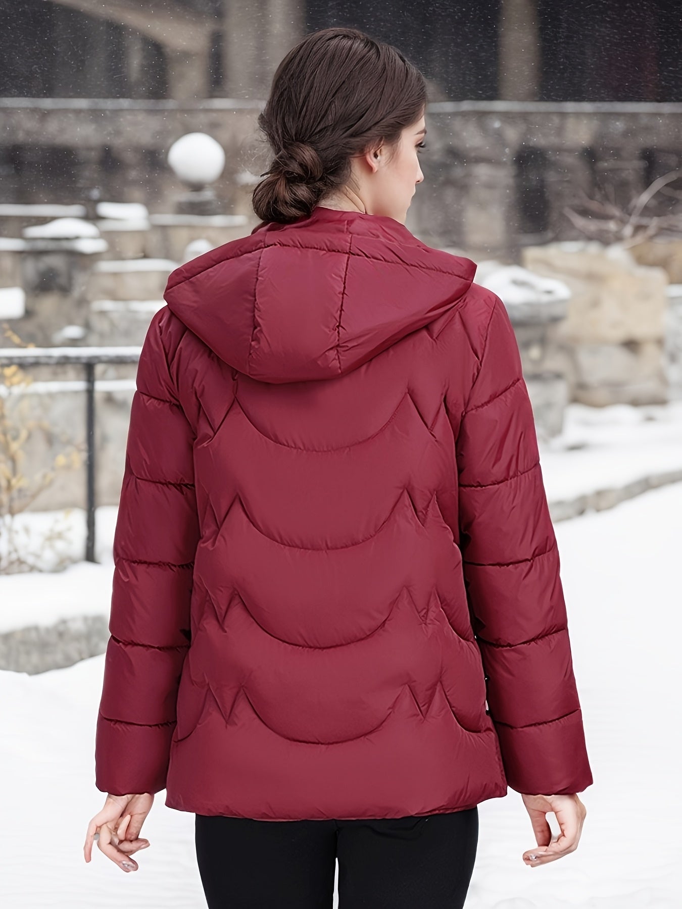 Women'S Elegant Black Winter Puffer Jacket - Long Sleeve, Zip-Up, Casual Style with Beaded Detail, Perfect for Snowy Days, Casual Winter Wear | Zippered Jacket | Functional Pockets