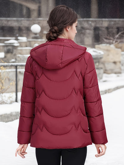 Women'S Elegant Black Winter Puffer Jacket - Long Sleeve, Zip-Up, Casual Style with Beaded Detail, Perfect for Snowy Days, Casual Winter Wear | Zippered Jacket | Functional Pockets