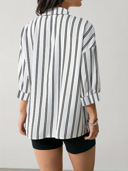 Women's Striped Shirt and Black Pants 3-Piece Set for Spring/Summer