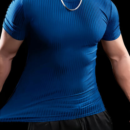 Men's Slim Fit Ribbed Short Sleeve T-Shirt - Stretchy Athletic  Casual Wear, Green, Round Neck, Machine Washable, Muscle-Enhancing Design, Gym Shirts